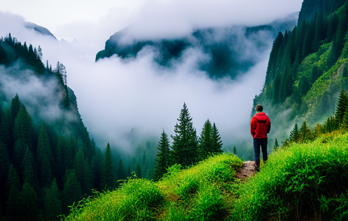 An image capturing the awe-inspiring moment of a traveler standing at the edge of a mist-covered waterfall, surrounded by lush, untouched foliage, symbolizing the exhilarating beauty and unexpected wonders encountered during explorations