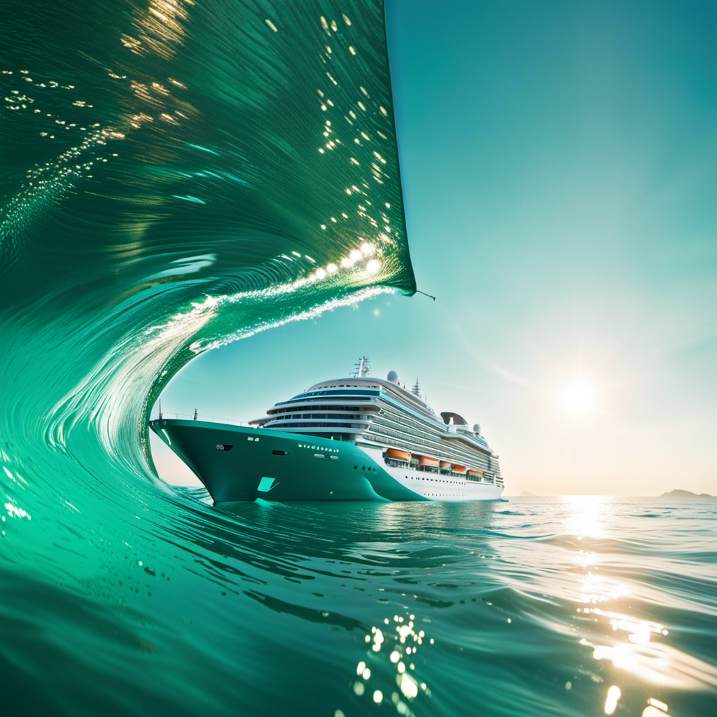 An image capturing the breathtaking sight of the Emerald Azzurra gliding through sparkling turquoise waters, its sleek and elegant silhouette perfectly illuminated by the radiant sun, symbolizing the ship's remarkable performance and dominance on the open sea