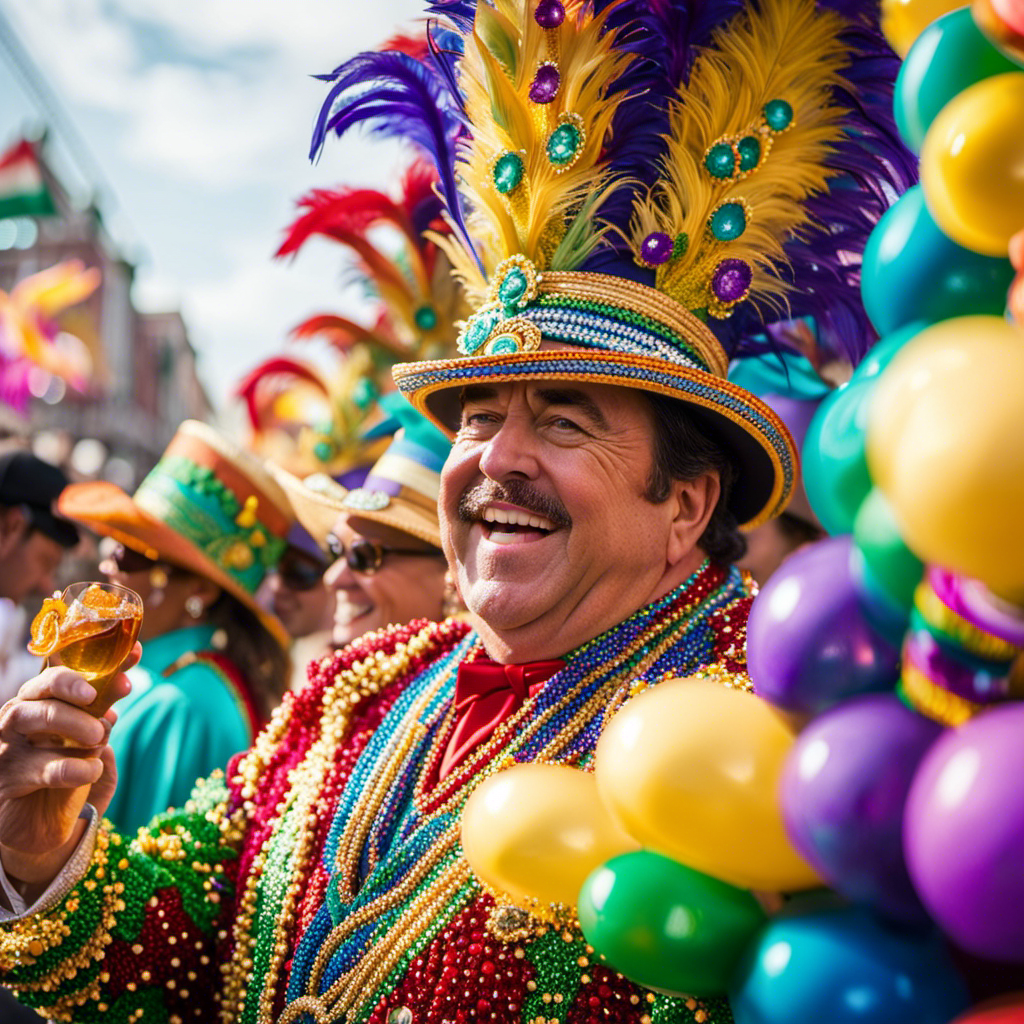 An image that captures the vibrant essence of Emeril Lagasse's New Orleans Delights on Carnival Mardi Gras: a lively parade with colorful floats, jazz musicians, and locals indulging in mouthwatering Cajun cuisine