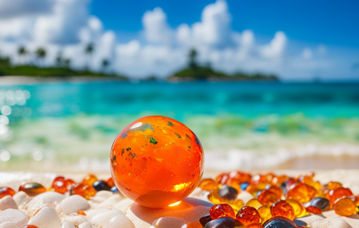 An image showcasing the vibrant hues of opalescent Mexican fire opals, shimmering in the sunlight against a backdrop of turquoise waters, golden sands, and lush tropical foliage of the enchanting Mexican Riviera