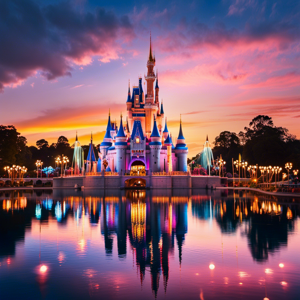 An image capturing the magical essence of Disney Magic - a radiant sunset backdrop over Cinderella's Castle, where twinkling lights illuminate a joyful parade of beloved characters, casting enchanting reflections on the shimmering waters of the park