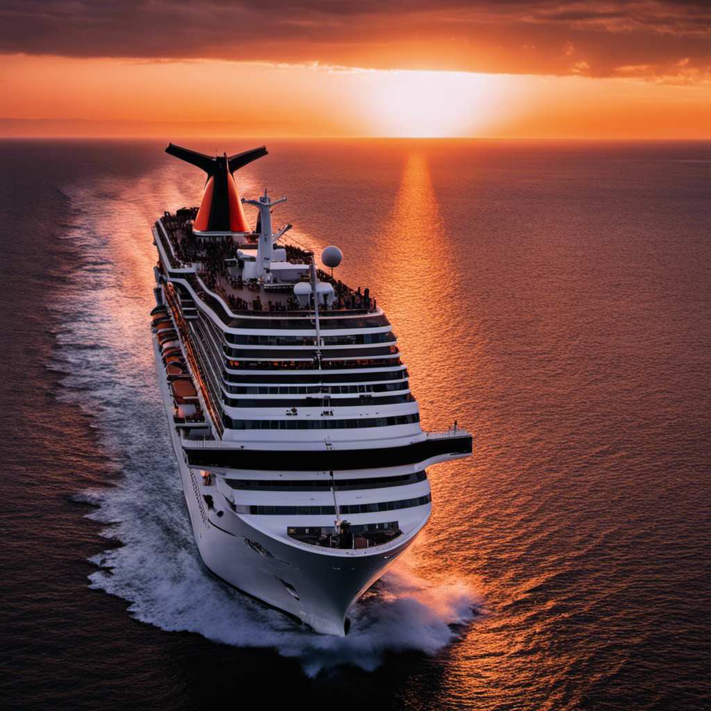 An image capturing the bittersweet farewell of Carnival Ecstasy, its majestic silhouette fading into the horizon against a vibrant sunset backdrop, as it embarks on its final voyage to Turkey