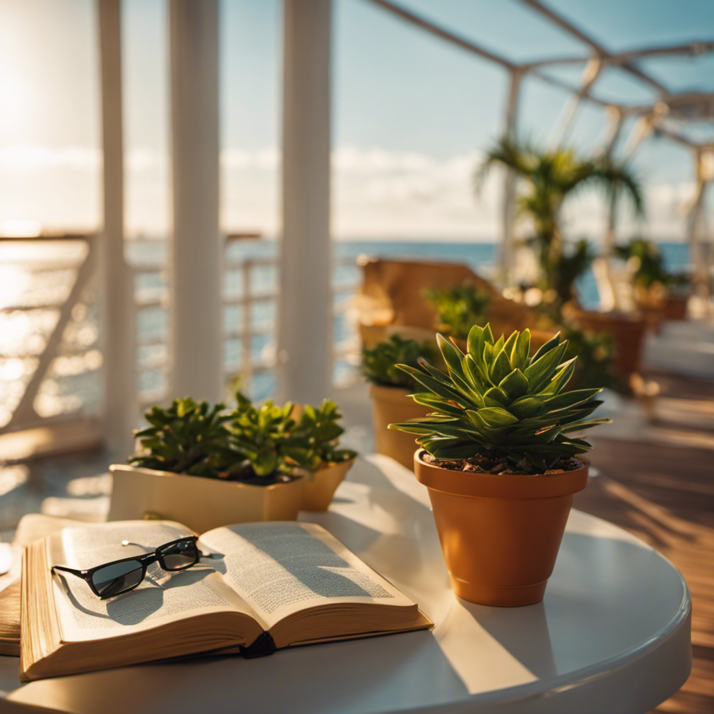 An image of a serene cruise ship deck, bathed in golden sunlight