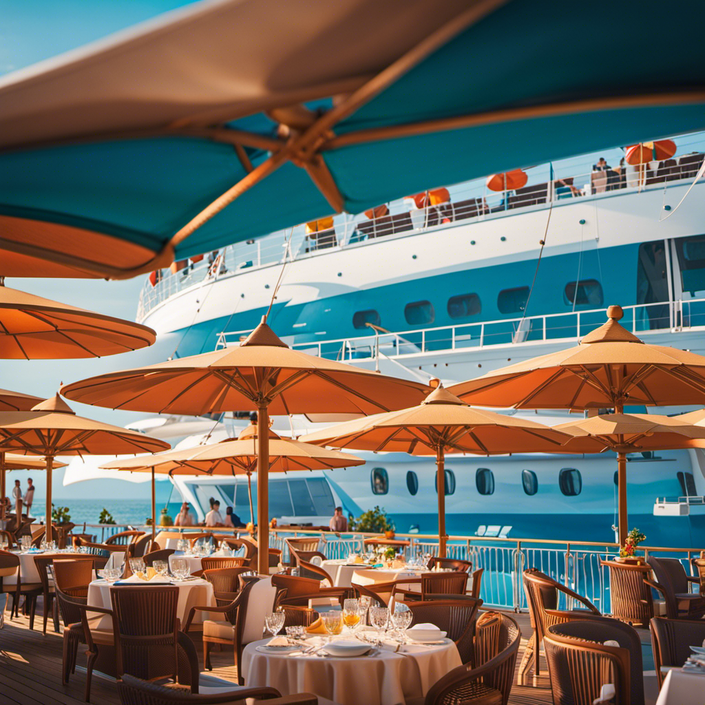 An image depicting a sun-kissed deck of a luxurious Mediterranean cruise ship, adorned with vibrant parasols, where guests joyfully indulge in exquisite cuisine, sip refreshing cocktails, and enjoy panoramic views of stunning azure waters