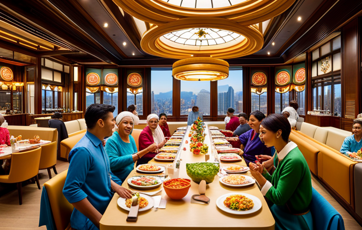 Nt image depicting a spacious dining area with an array of tables, each adorned with colorful tablecloths and a diverse range of delectable cuisines