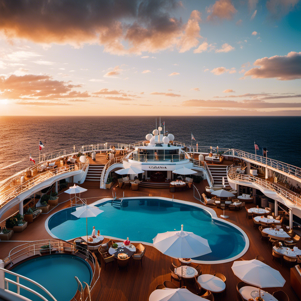 An image showcasing a luxurious Oceania cruise experience: a magnificent sunset over a vast ocean, a diverse array of thrilling excursions, elegant dining venues adorned with exquisite culinary creations, and happy guests enjoying onboard credits