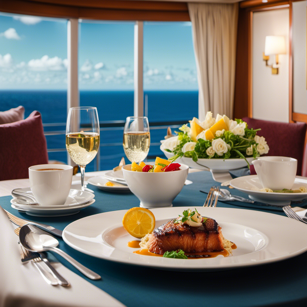 An image showcasing a luxurious cruise ship cabin with a pristine ocean view, a beautifully set dining table with gourmet dishes, and a friendly waiter delivering exceptional room service, highlighting the indulgent experience of sea days on a Norwegian Cruise Line