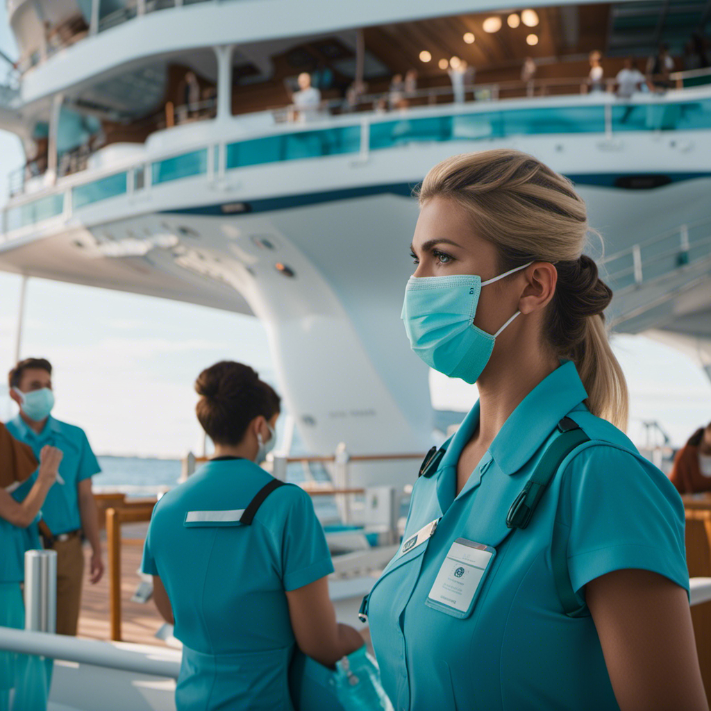 An image showcasing the enhanced safety measures on a cruise ship: passengers wearing face masks and practicing social distancing, crew members sanitizing surfaces, temperature checks at embarkation, and hand sanitizing stations strategically placed throughout the ship