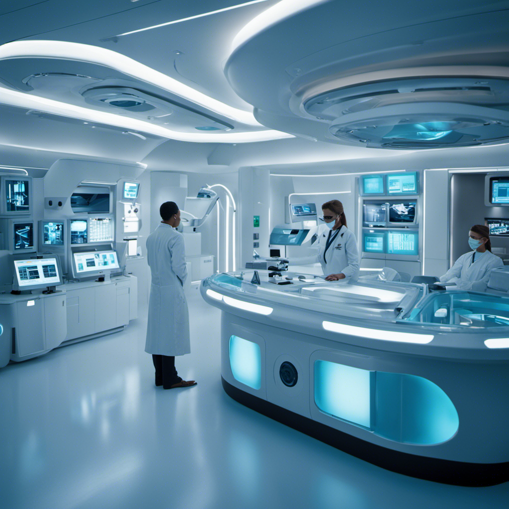 An image showcasing a futuristic cruise ship's sleek medical facility, where passengers undergo thorough health screenings
