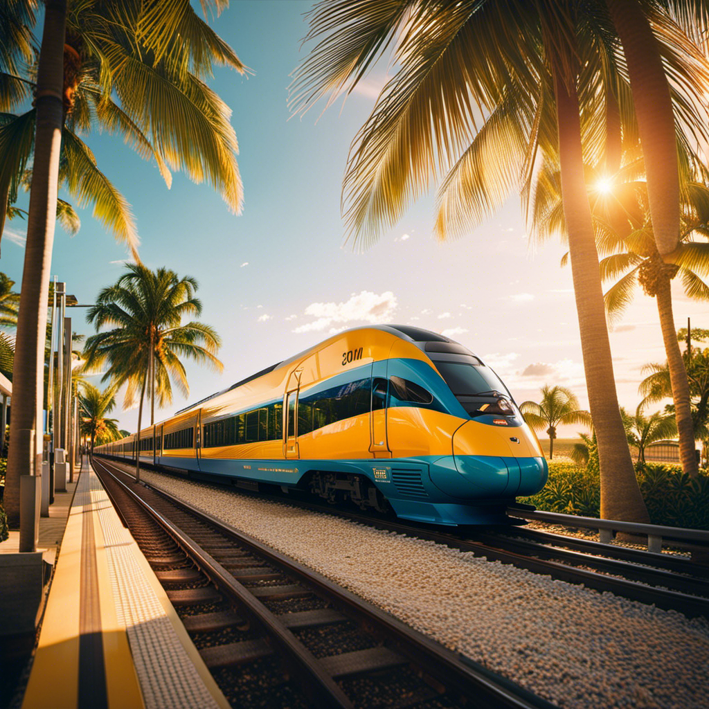 An image capturing the vibrant essence of South Florida's enhanced train service revival: a sleek, high-speed train gliding through a tropical landscape adorned with palm trees, bathed in golden sunlight, as it approaches a bustling station teeming with excited passengers