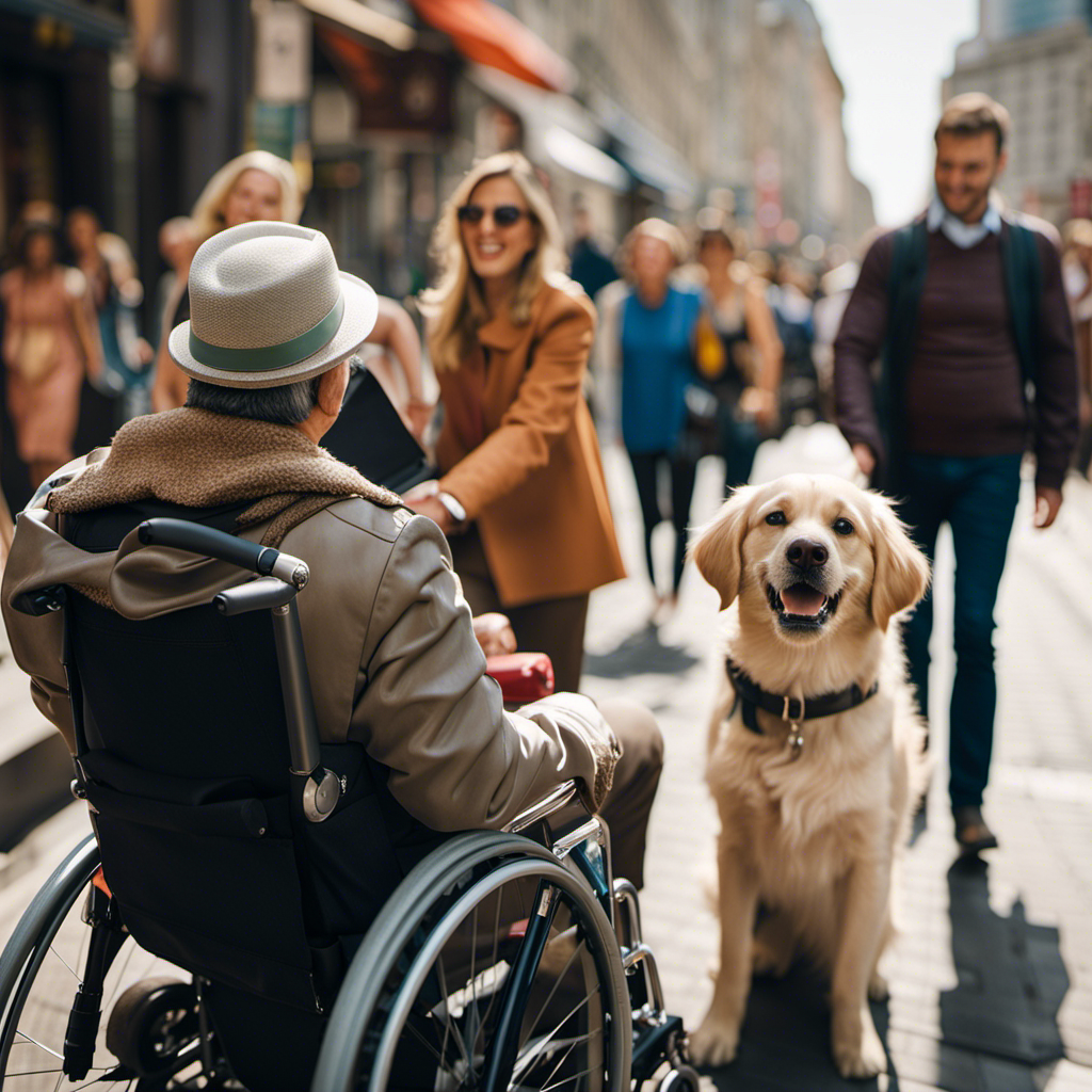 An image capturing the joyous moment of a visually impaired traveler exploring a bustling city, aided by a guide dog, while a wheelchair user effortlessly navigates accessible pathways nearby