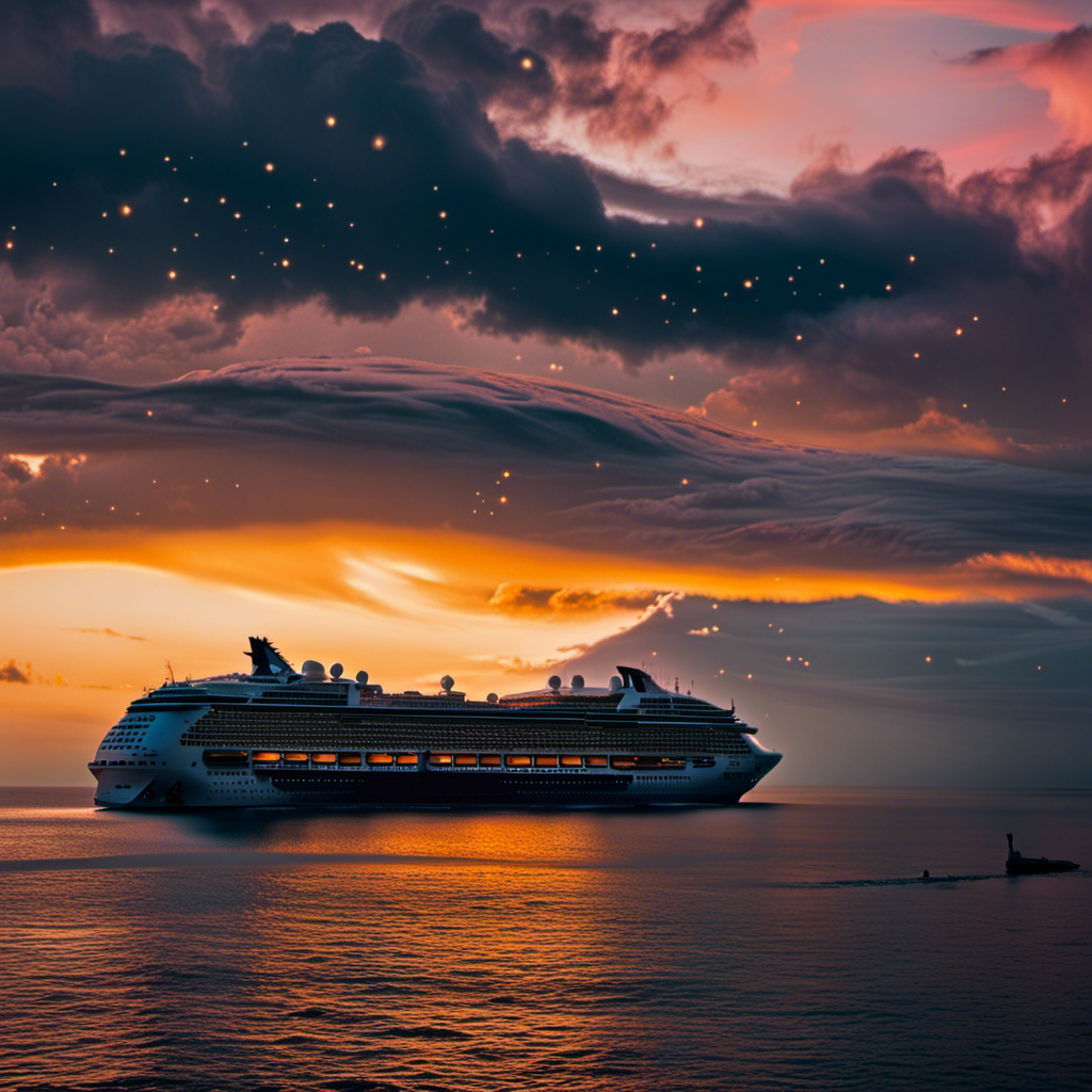 An image showcasing a stunning sunset at sea, with a Royal Caribbean cruise ship prominently featured, bathed in warm golden light, while a constellation of Starlink satellites streak across the night sky