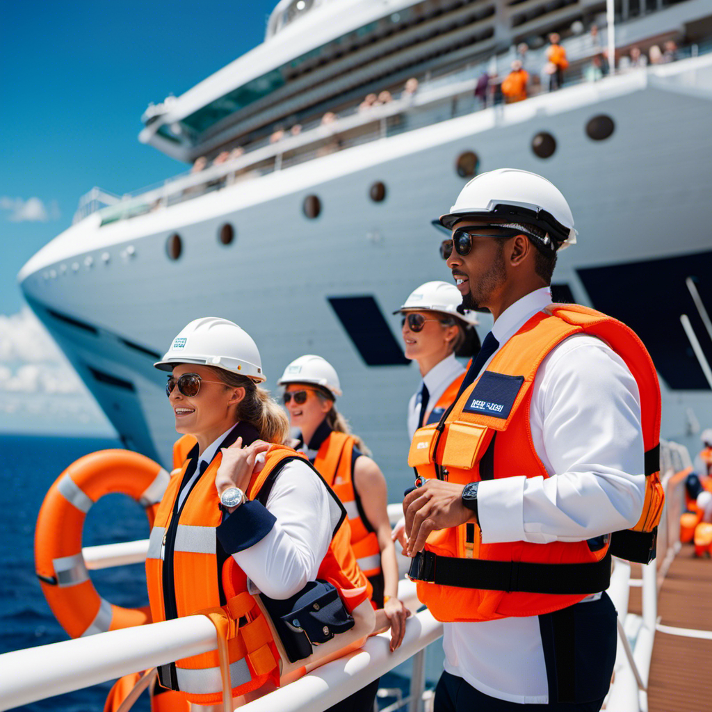 An image showcasing a unified crew from Norwegian and Royal Caribbean cruise lines, engaged in safety drills on a pristine deck, wearing vibrant life jackets, and exchanging knowledge through clear communication gestures