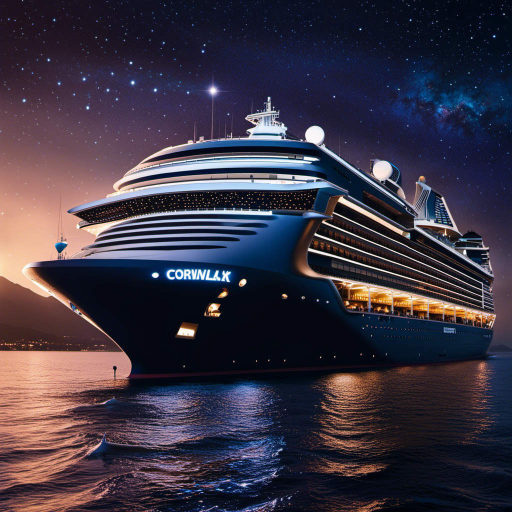 An image depicting a luxurious cruise ship sailing under a clear night sky adorned with a constellation of Starlink satellites, symbolizing Carnival Corp