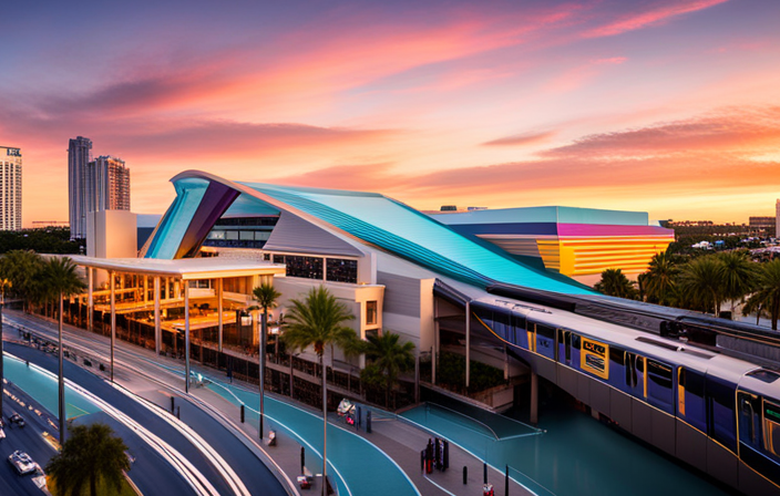 An image showcasing the synergy between Brightline and Hard Rock Stadium: A vibrant train station adorned with the stadium's iconic colors, bustling with excited fans, while a train departs, symbolizing the seamless connection and enhanced fan experience