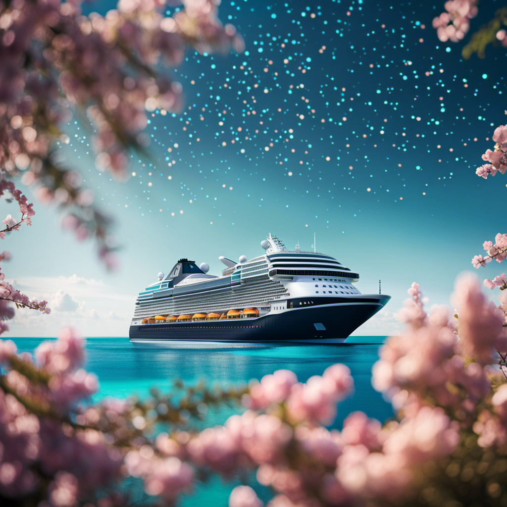 An image showcasing a luxurious AIDA cruise ship sailing through crystal-clear waters, while a constellation of Starlink satellites hovers above, symbolizing enhanced internet connectivity and seamless communication for passengers onboard