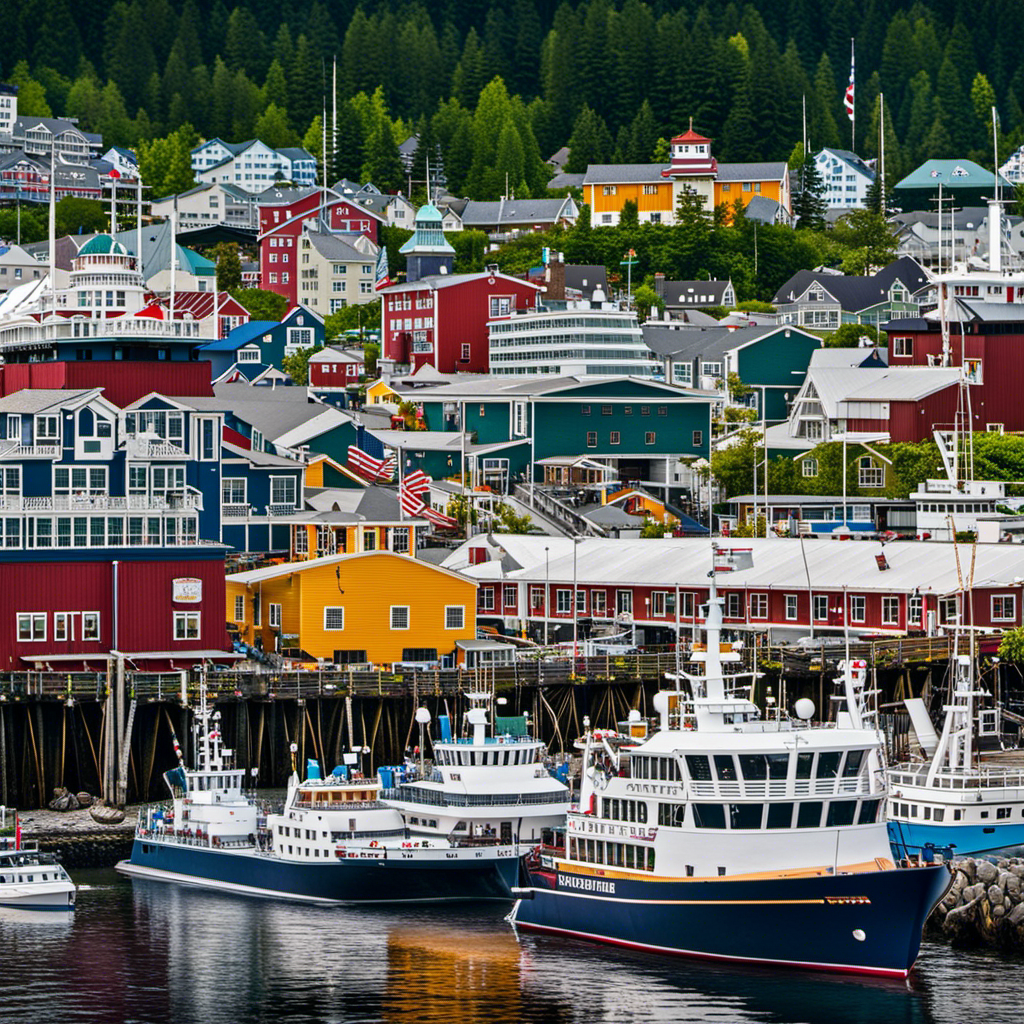 An image showcasing a bustling Ketchikan harbor, with newly expanded docks accommodating massive cruise ships