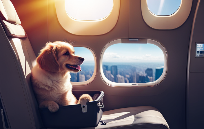 An image of a spacious and comfortable pet carrier placed on a luxurious airplane seat, with a contented pet inside