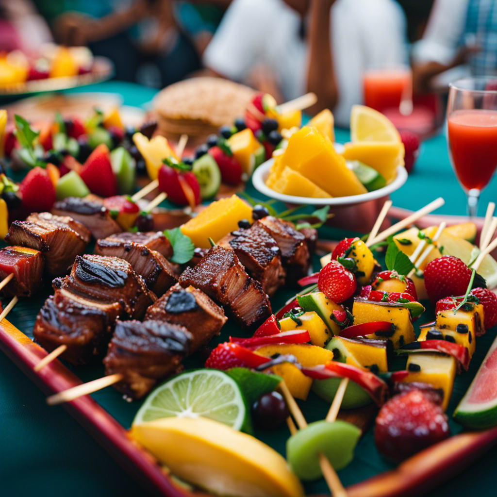 An image showcasing a vibrant carnival setting with an array of mouthwatering dishes, from sizzling skewers of grilled meats to colorful tropical fruit platters, all enticingly displayed on beautifully decorated tables
