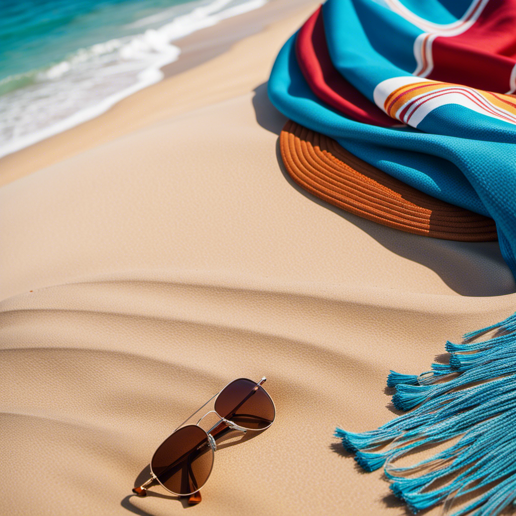 An image capturing the essence of travel bliss: a sun-kissed sandy beach, a vibrant blue ocean stretching into the horizon, and a colorful beach towel adorned with Brave Era's luxurious silk accessories, adding a touch of elegance to the scene