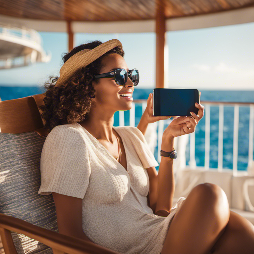 An image showcasing a cruise ship passenger effortlessly video chatting with loved ones while lounging on a sun-soaked deck, highlighting Royal Caribbean's enhanced internet service with lightning-fast connectivity and crystal-clear quality