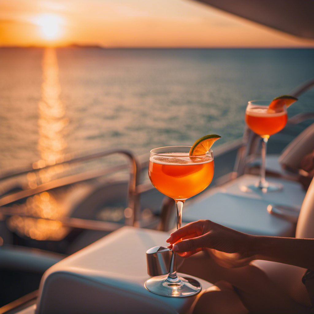 An image showcasing a serene sunset view from a luxurious cruise ship, with vibrant orange hues reflecting off calm waters, as passengers relax on deck chairs, savoring delicious cocktails and embracing the tranquil atmosphere