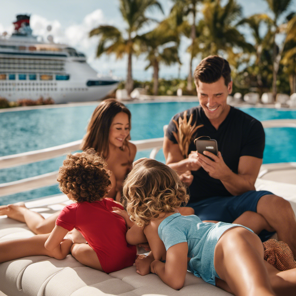 An image showcasing a family happily exploring the Disney Navigator app on their smartphones while lounging by the pool, with a stunning ocean backdrop and the iconic Disney cruise ship in the distance
