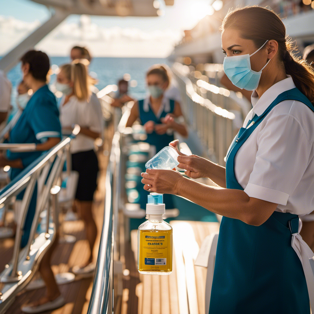 An image capturing a serene cruise ship deck, adorned with hand sanitizing stations strategically placed throughout, ensuring passenger safety