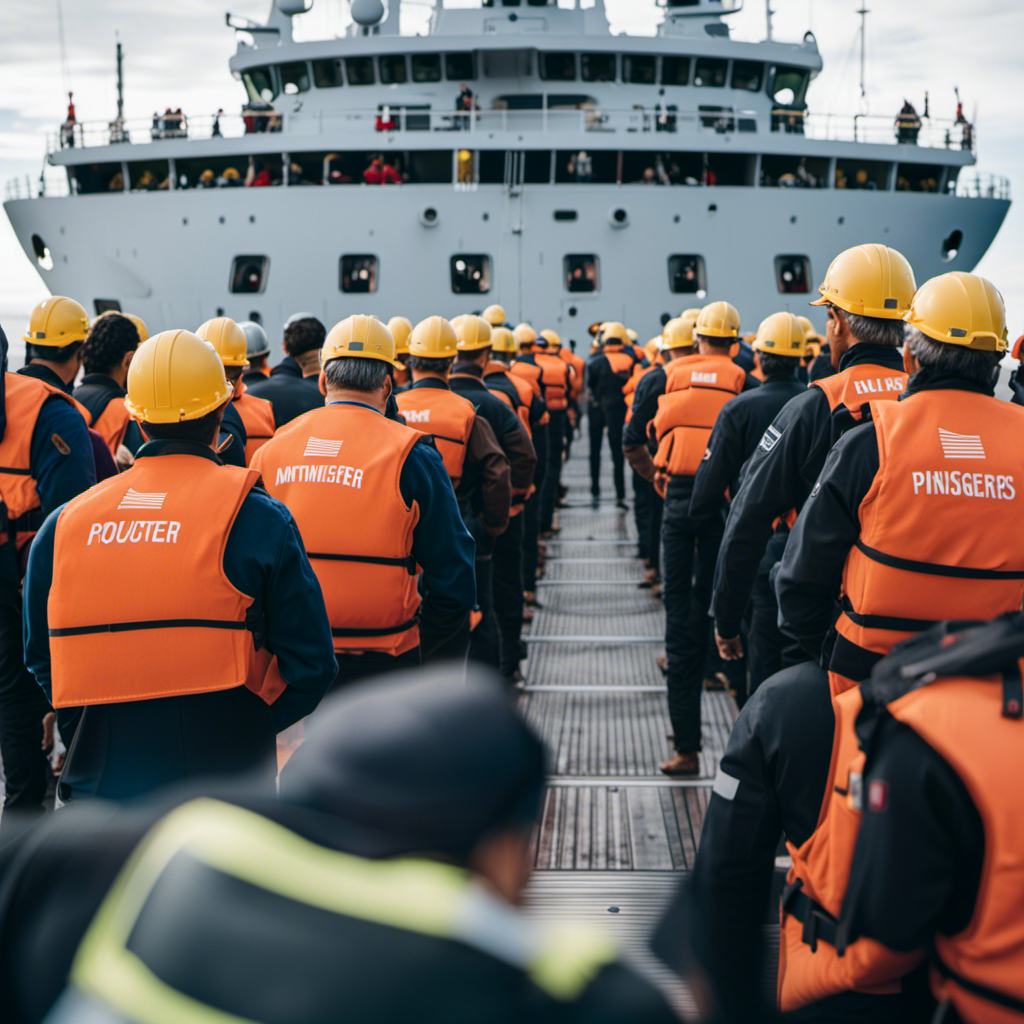 An image showcasing a ship's deck crowded with passengers, all attentively wearing life jackets and listening to crew members during a muster drill, highlighting the crucial importance of this safety procedure