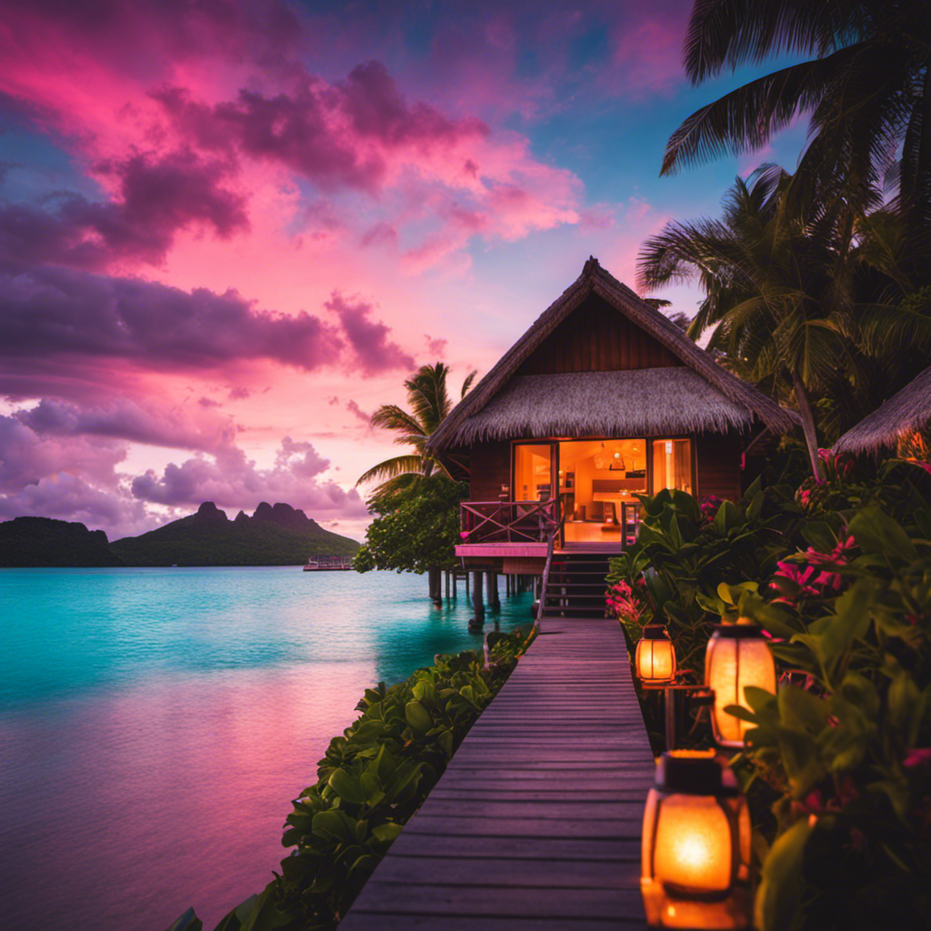 An image of a serene overwater bungalow, nestled amidst crystal-clear turquoise waters in Bora Bora, surrounded by lush tropical vegetation and a vibrant sunset painting the sky with hues of pink, orange, and purple