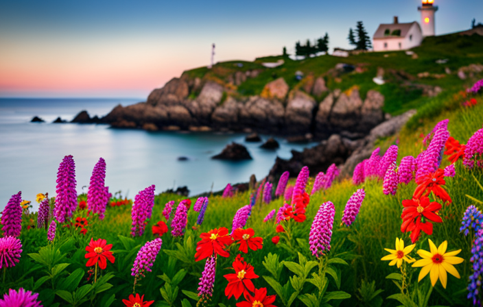 the essence of Monhegan Island's allure in a single image: a solitary lighthouse perched atop rugged cliffs, overlooking the untamed ocean, while vibrant wildflowers dance in the foreground, revealing the island's natural beauty, history, and local charm