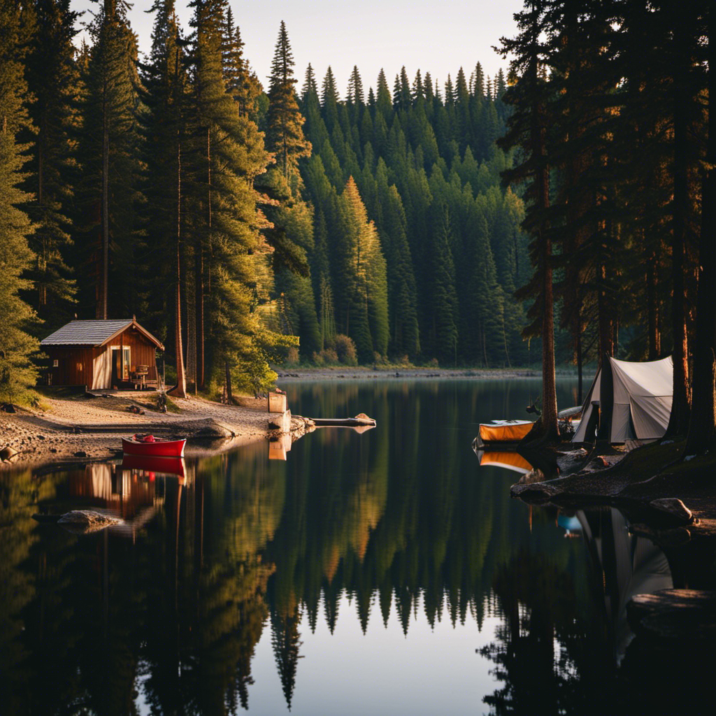 An image showcasing a serene lakeside campsite, surrounded by towering trees, with a cozy tent, crackling campfire, and a rowboat gently floating on the calm water, evoking the essence of outdoor adventure and escape