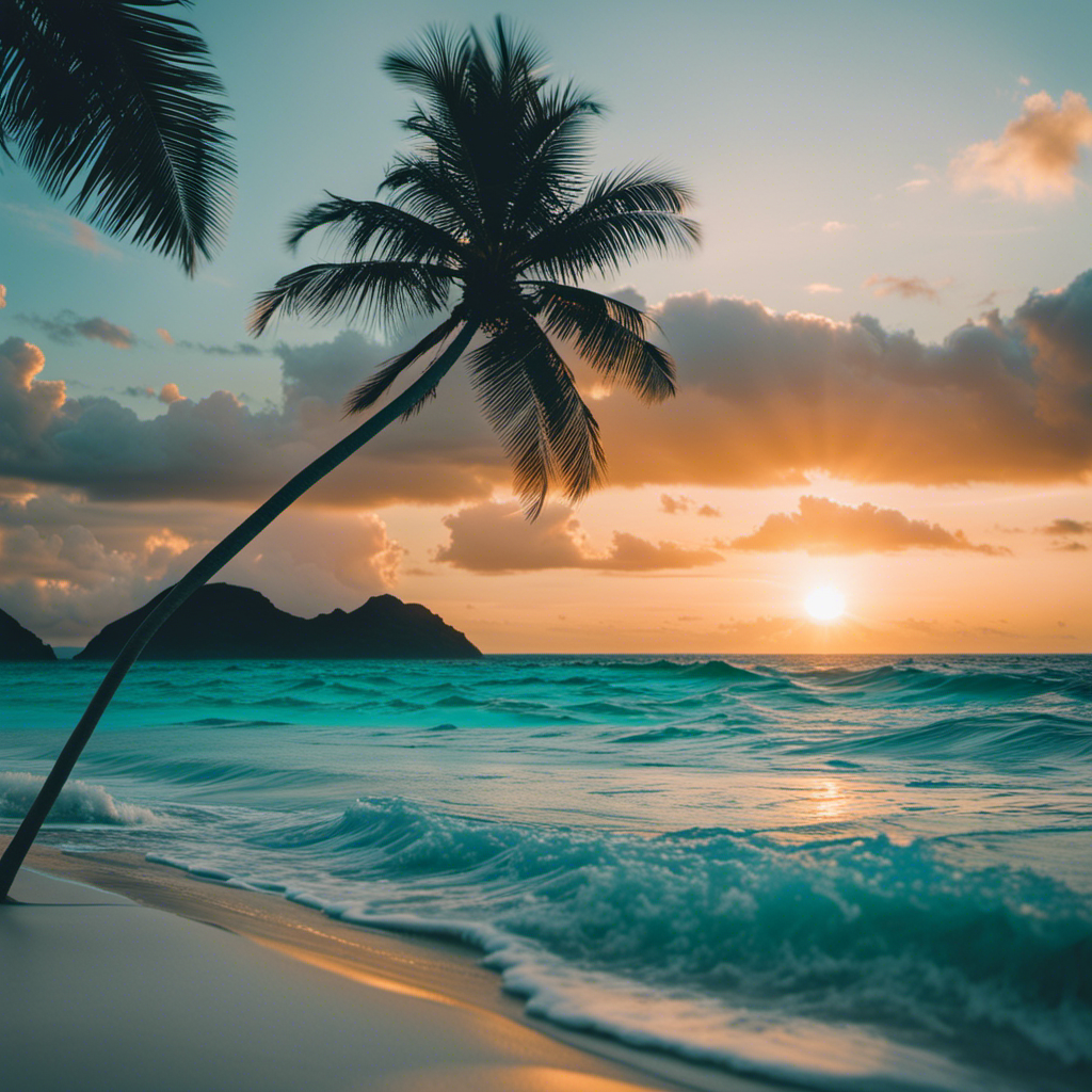 An image showcasing a breathtaking sunset over crystal-clear turquoise waters, palm trees swaying gently in the warm coastal breeze, and a secluded white sand beach stretching as far as the eye can see