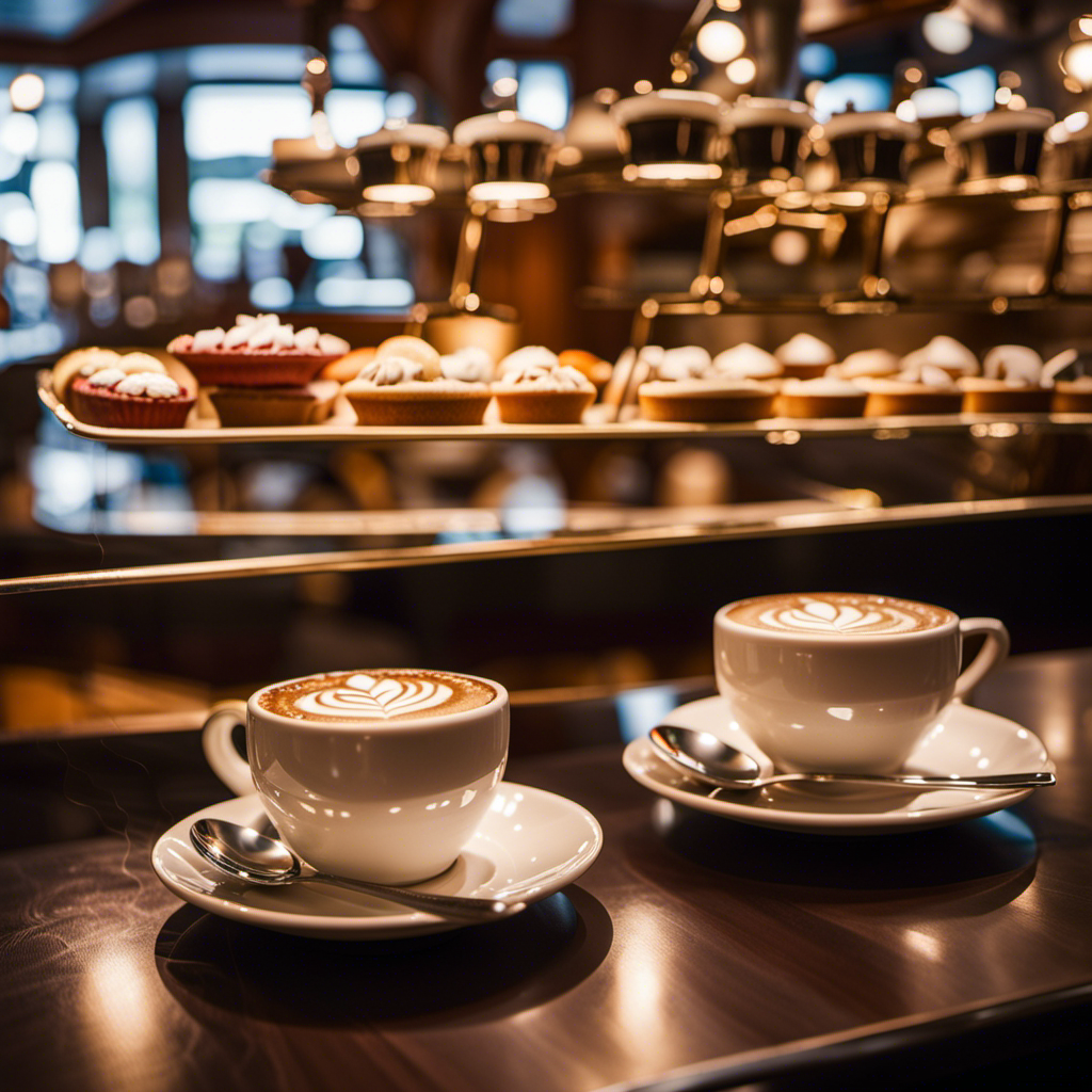 An image of Café Al Bacio aboard a Celebrity Cruise Ship, showcasing baristas skillfully crafting velvety espresso masterpieces, with rich crema cascading over delicate porcelain cups, amidst an elegant ambiance of cozy seating and exquisite pastries