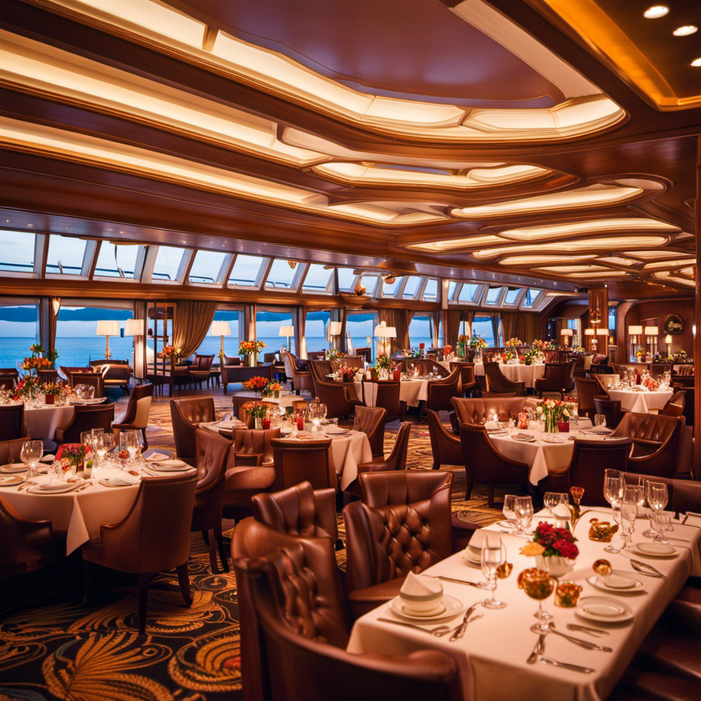 An image showcasing a vibrant dining hall on a cruise ship, adorned with elegant table settings, mouthwatering dishes, and attentive staff