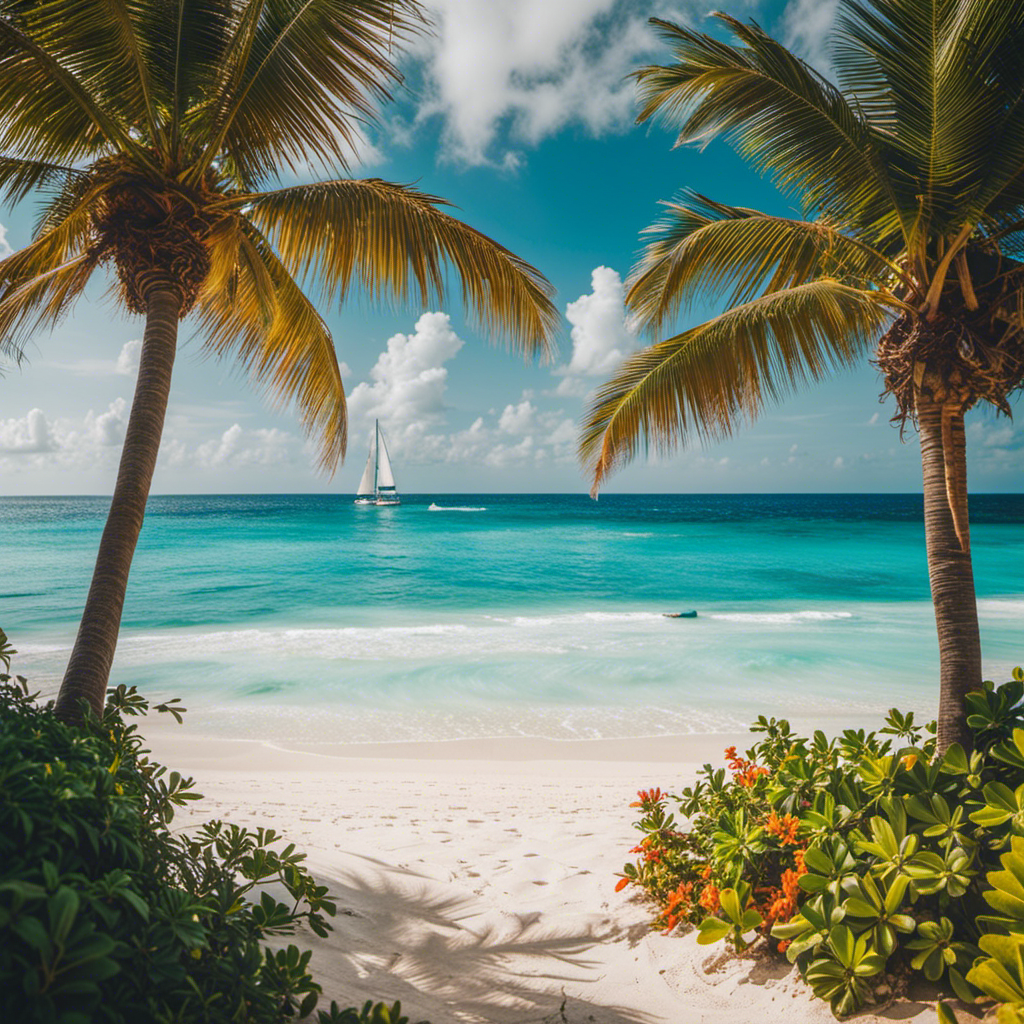 An image capturing the vibrant essence of Cancun: a sun-kissed beach fringed with palm trees, turquoise waters gently lapping the shore, and adventurous souls snorkeling amidst colorful coral reefs