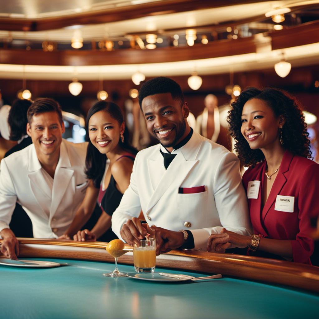 An image showcasing a team of talented crew members on a cruise ship, including lively entertainers, attentive waitstaff serving delectable cuisine, skilled deckhands ensuring smooth sailing, and friendly bartenders crafting refreshing cocktails