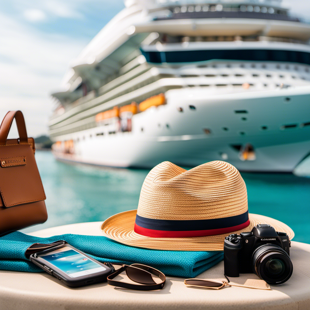 An image showcasing a vibrant beach towel, sunglasses nestled in a straw hat, a waterproof phone pouch, a sleek waterproof camera, a collapsible water bottle, and a stylish passport holder against the backdrop of a luxurious cruise ship