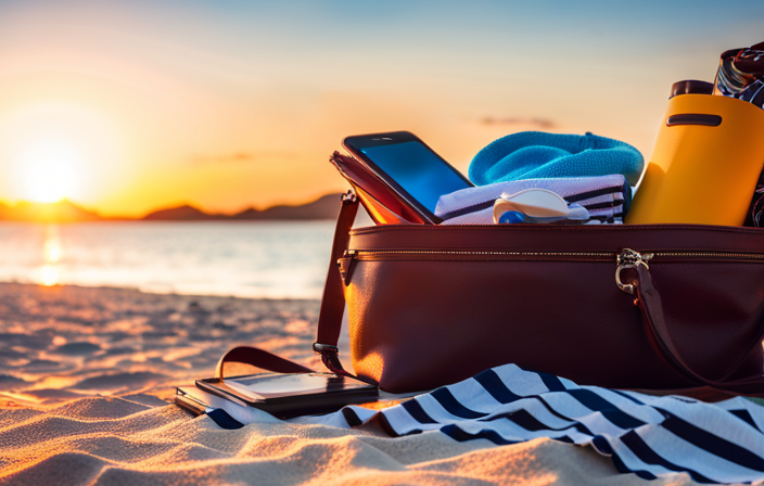 An image showcasing a vibrant beach bag packed with essential cruise accessories: a waterproof phone case, sunscreen, sunglasses, a beach towel, a comfortable hat, a travel guide, and a camera