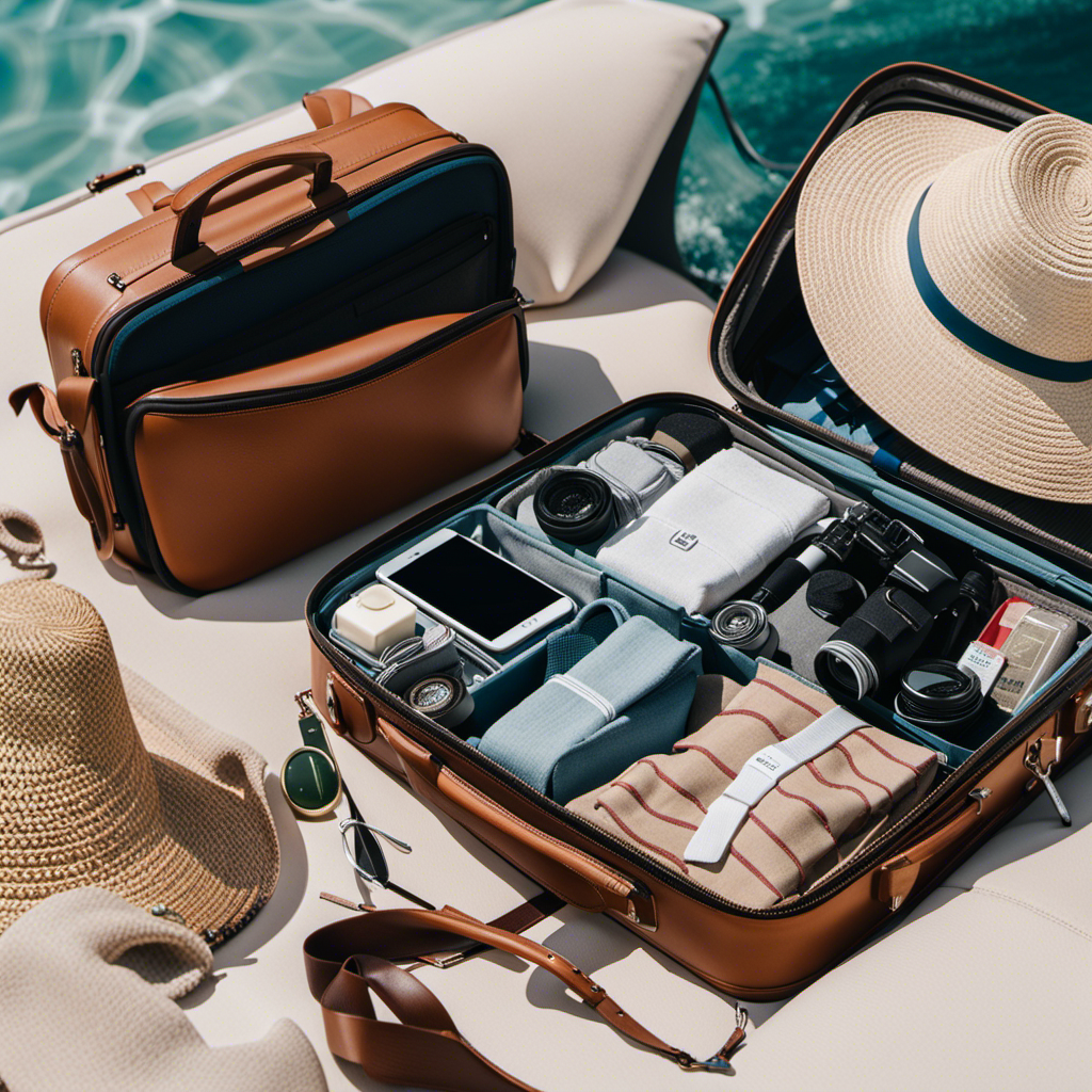 An image capturing a well-organized suitcase filled with neatly folded swimwear, versatile outfits, compact toiletries, a collapsible hat, a travel-sized first aid kit, and a waterproof phone case, showcasing essential cruise packing tips