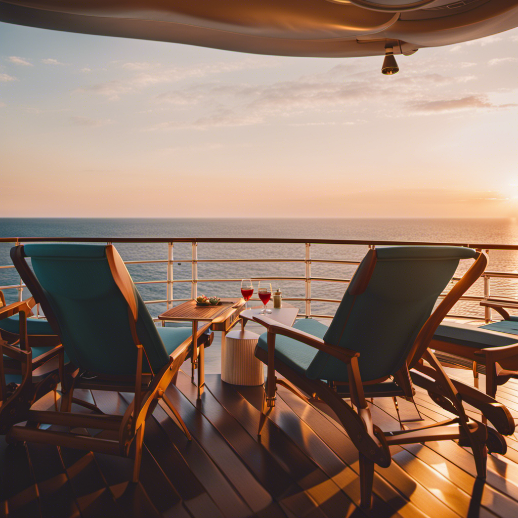 An image capturing the serene ambiance of a cruise ship's deck at sunset, with passengers lounging on deck chairs, sipping cocktails, and gazing at the vast expanse of the tranquil ocean