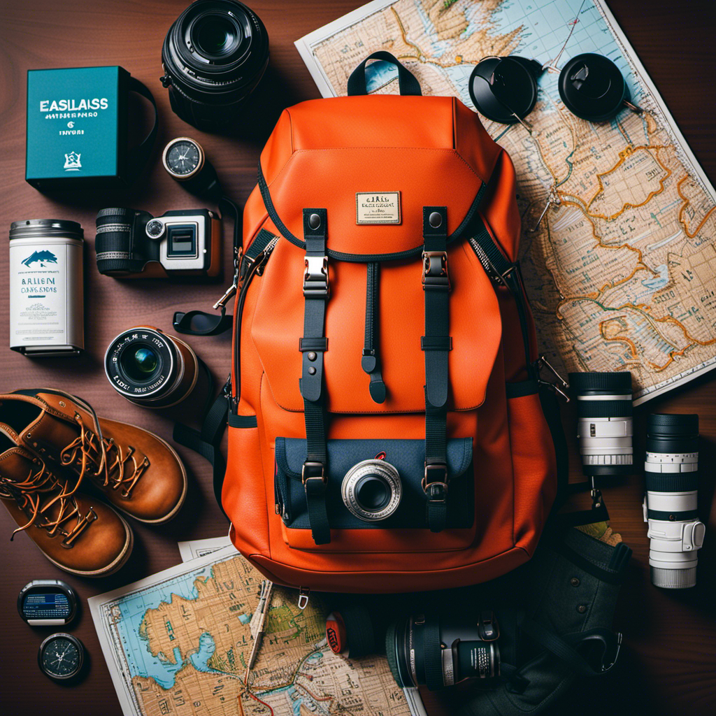 An image featuring a vibrant backpack filled with warm layers, sturdy hiking boots, a waterproof camera, binoculars, a compass, and a map, symbolizing the must-have essentials for an extraordinary Alaskan cruise adventure