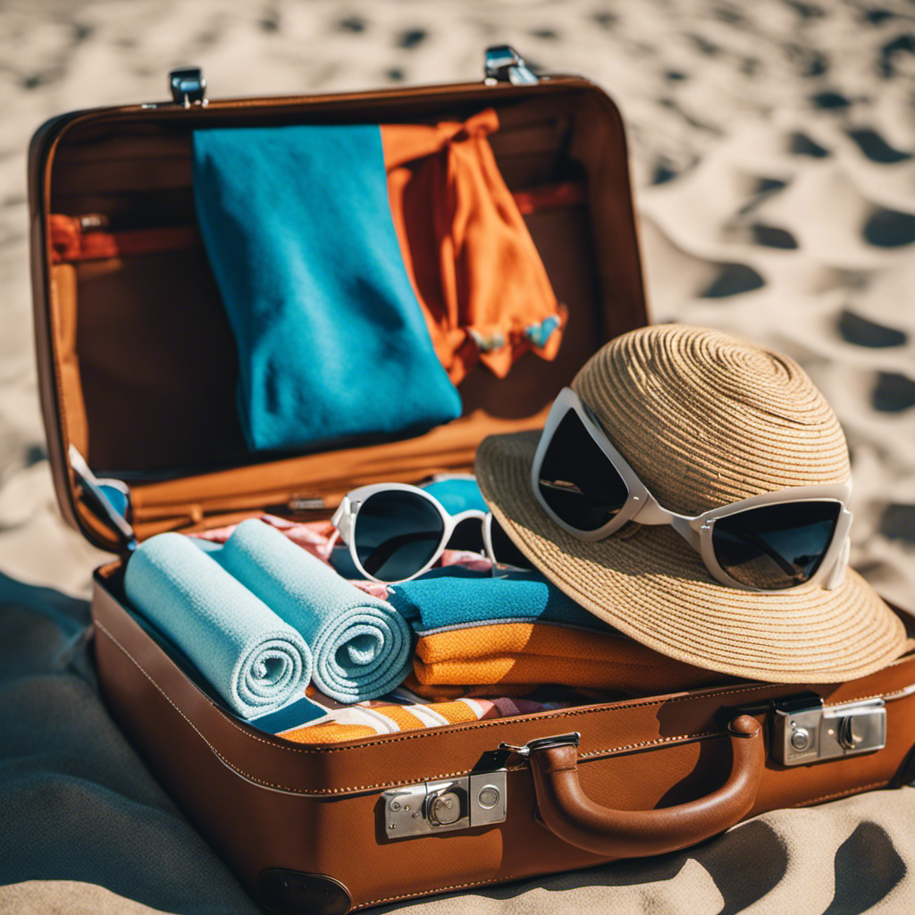 An image that showcases a neatly packed suitcase bursting with vacation essentials: swimsuits neatly rolled, beach towels peeking out, a pair of sunglasses, a guidebook, and a folded sun hat