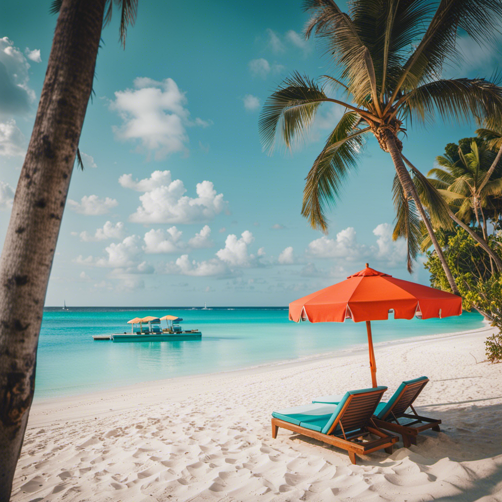 An image capturing a serene palm-fringed beach in Cancun, where turquoise waves gently kiss the powdery white sand