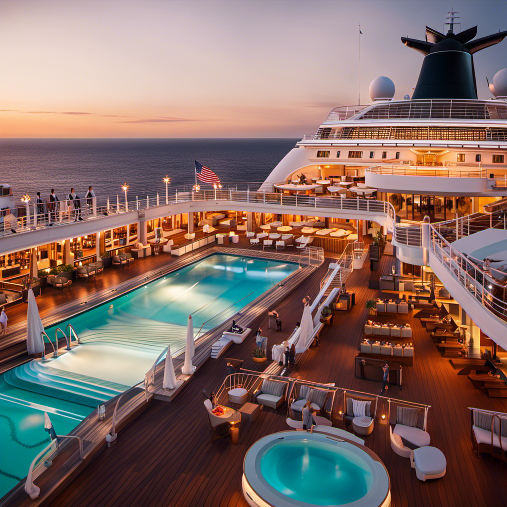An image featuring a brightly lit cruise ship deck at sunset, with staff members welcoming guests, luggage neatly lined up, and passengers engaged in various activities like relaxing by the pool, dining, and exploring the ship