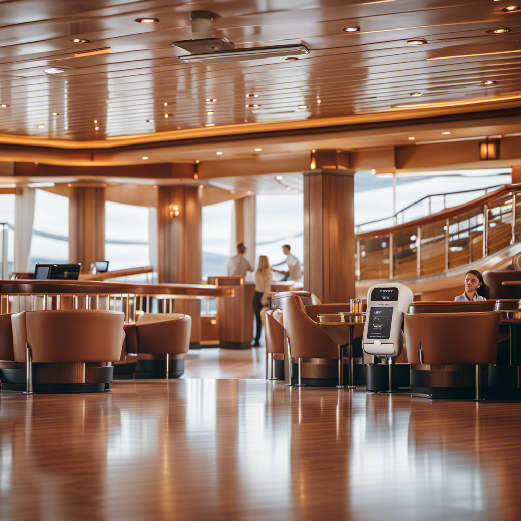 An image depicting a serene cruise ship deck, with passengers using contactless payment methods at various amenities