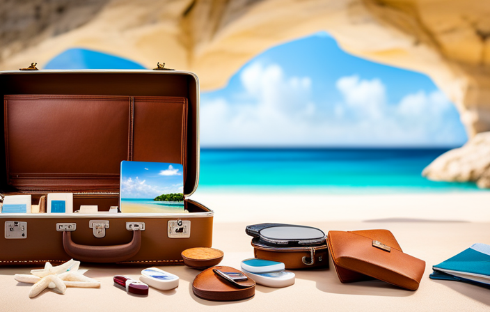 An image showcasing a serene beach scene, with a suitcase open displaying neatly organized compartments filled with medications, sunscreen, skincare products, a travel pillow, and a guidebook, creating a stress-free vacation vibe