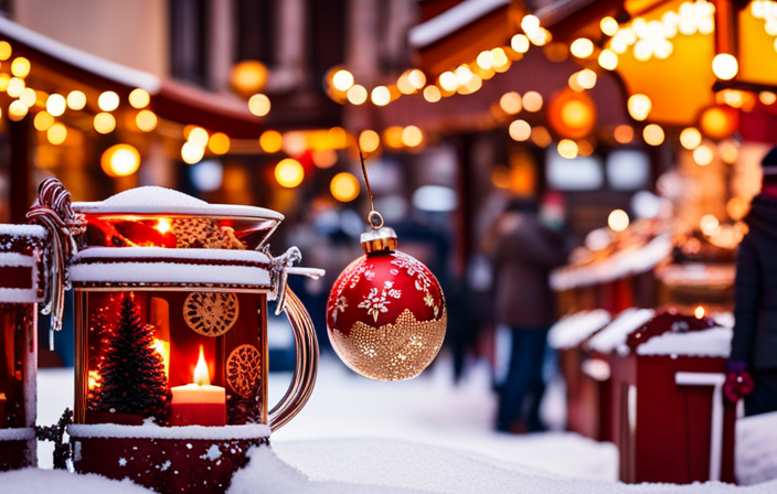 the enchantment of European Christmas markets: a bustling scene of ornate wooden stalls adorned with twinkling lights, surrounded by snow-dusted cobblestone streets