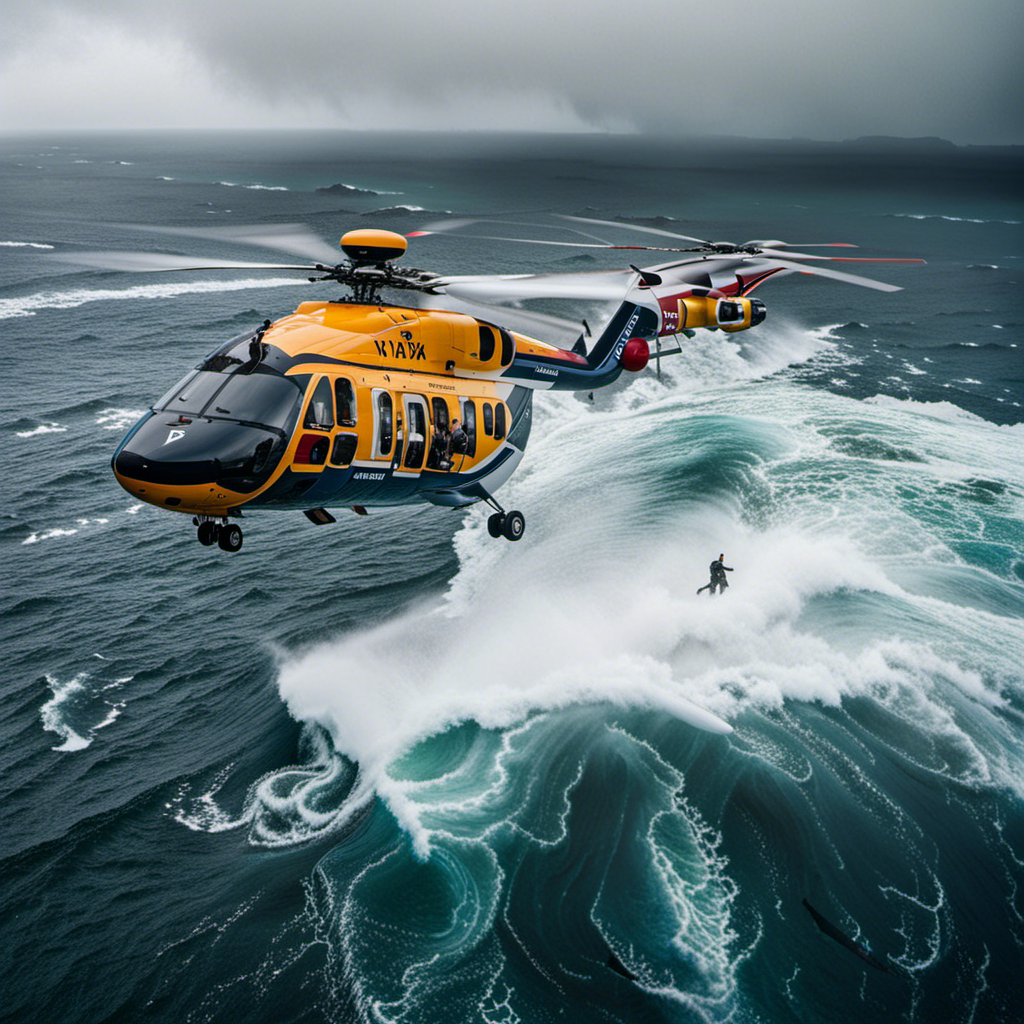 An image showcasing the harrowing scene of passengers being airlifted from a storm-battered Viking Sky cruise ship, as helicopters hover above choppy waters amidst heavy rain and raging waves