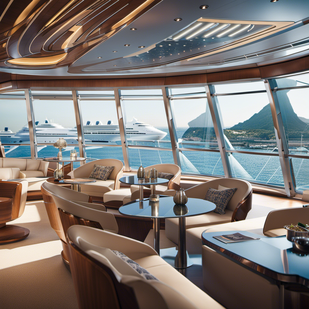An image showcasing the evolution of cruise ship design: a sleek, futuristic vessel adorned with panoramic glass windows, state-of-the-art amenities, and spacious deck areas bustling with diverse passengers engaged in various activities